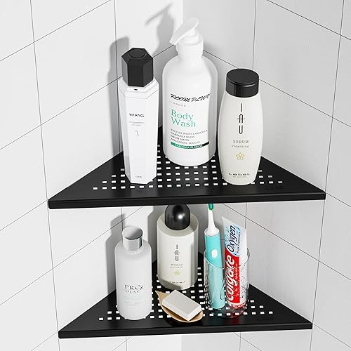 Qeke Paquete de 2 estantes esquineros de baño, estante de ducha empotrado de 10 pulgadas, estante de acero inoxidable SUS304 triangular, sin