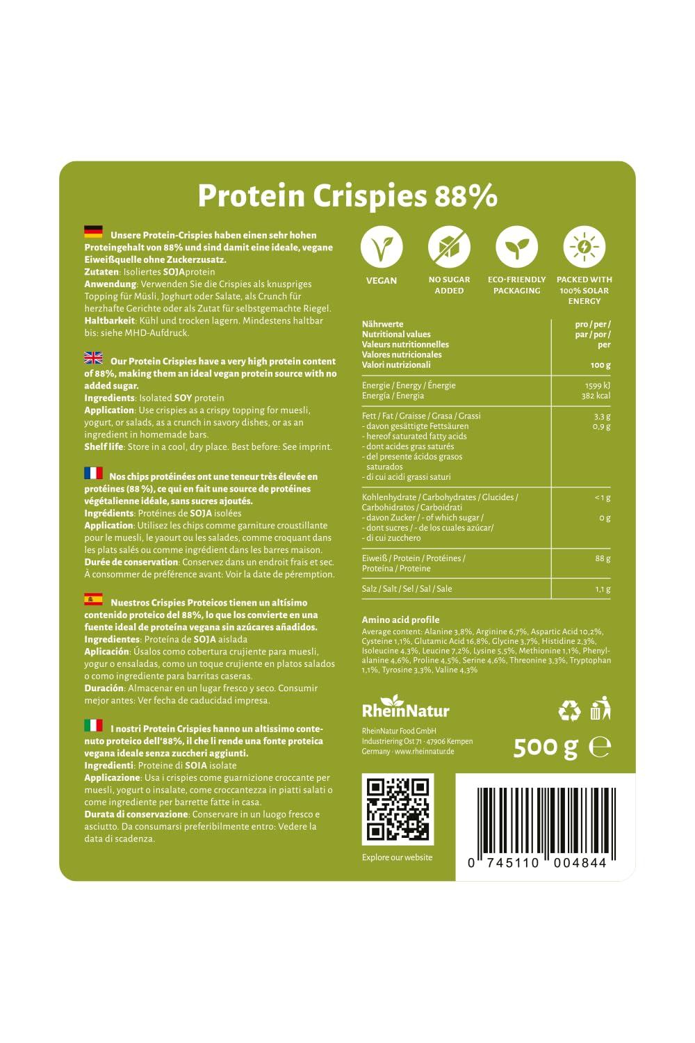 RheinNatur Crispies Proteína de soja, 88%, 500 g, fuente de proteína vegana sin azúcar añadida, cobertura crujiente para muesli, yogur y ensalada o como crujiente para platos y barras salados
