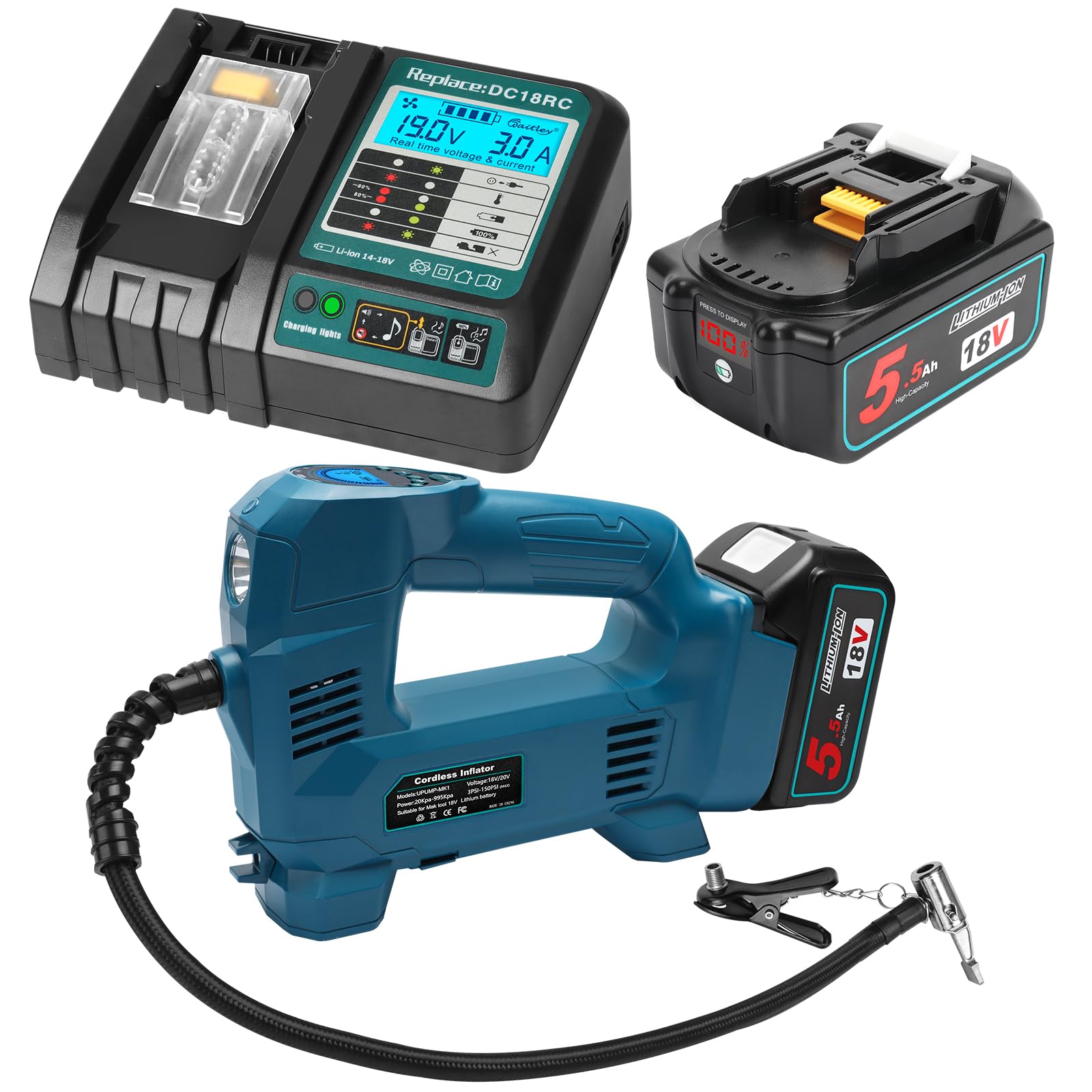 Powarobor Akku Kompressor Kompatibel mit Makita mit 2 Stück 18V 5.5Ah Akku und Ladegerät