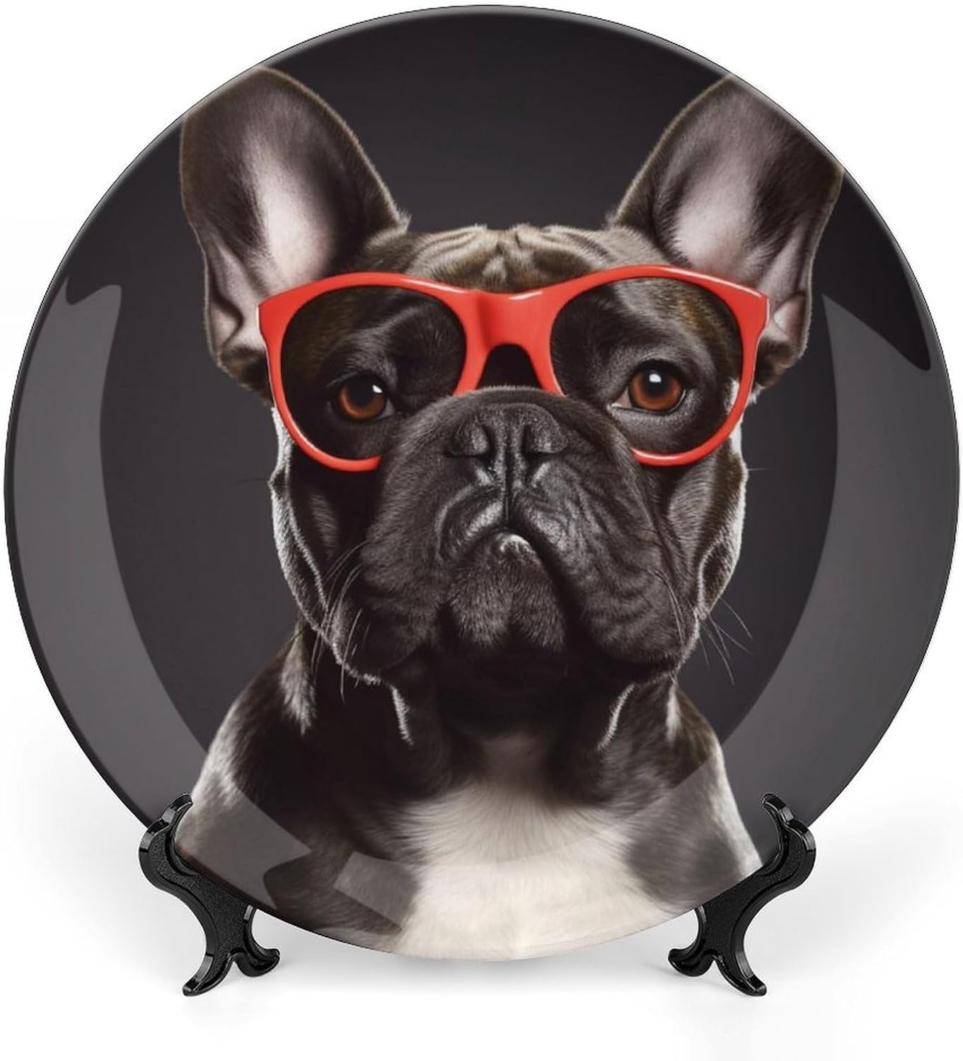 French Bulldog Bone China Decorative Plate with Display Stand, Ceramic Ornaments Plate for Wall Hanging, Personalized Porcelain Plates for Office, Living Room 8inch