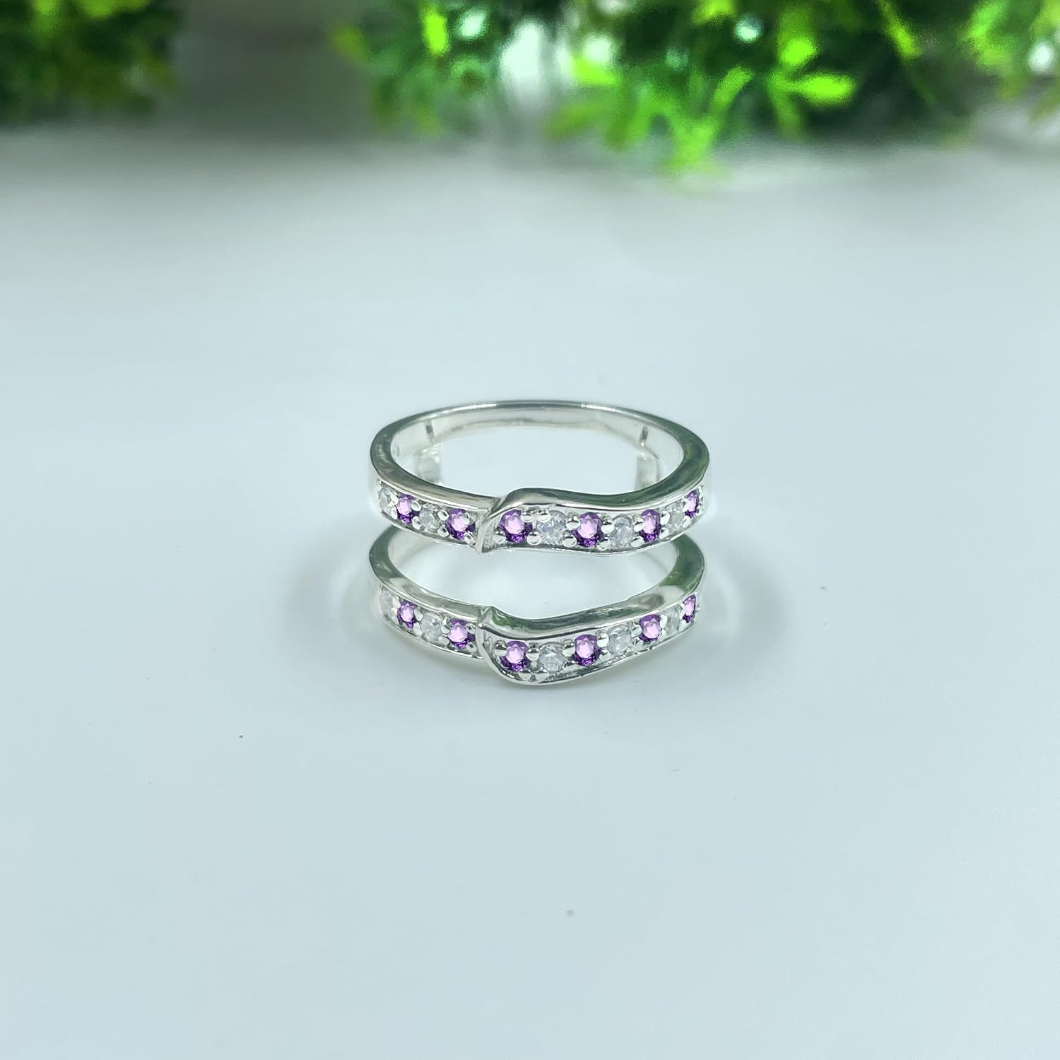 Round Cut Amethyst & White Diamond Wedding Enhancer Guard For Women, 14K Gold Plated Silver February Birthstone Amethyst Contour Curve Wrap Guard Ring