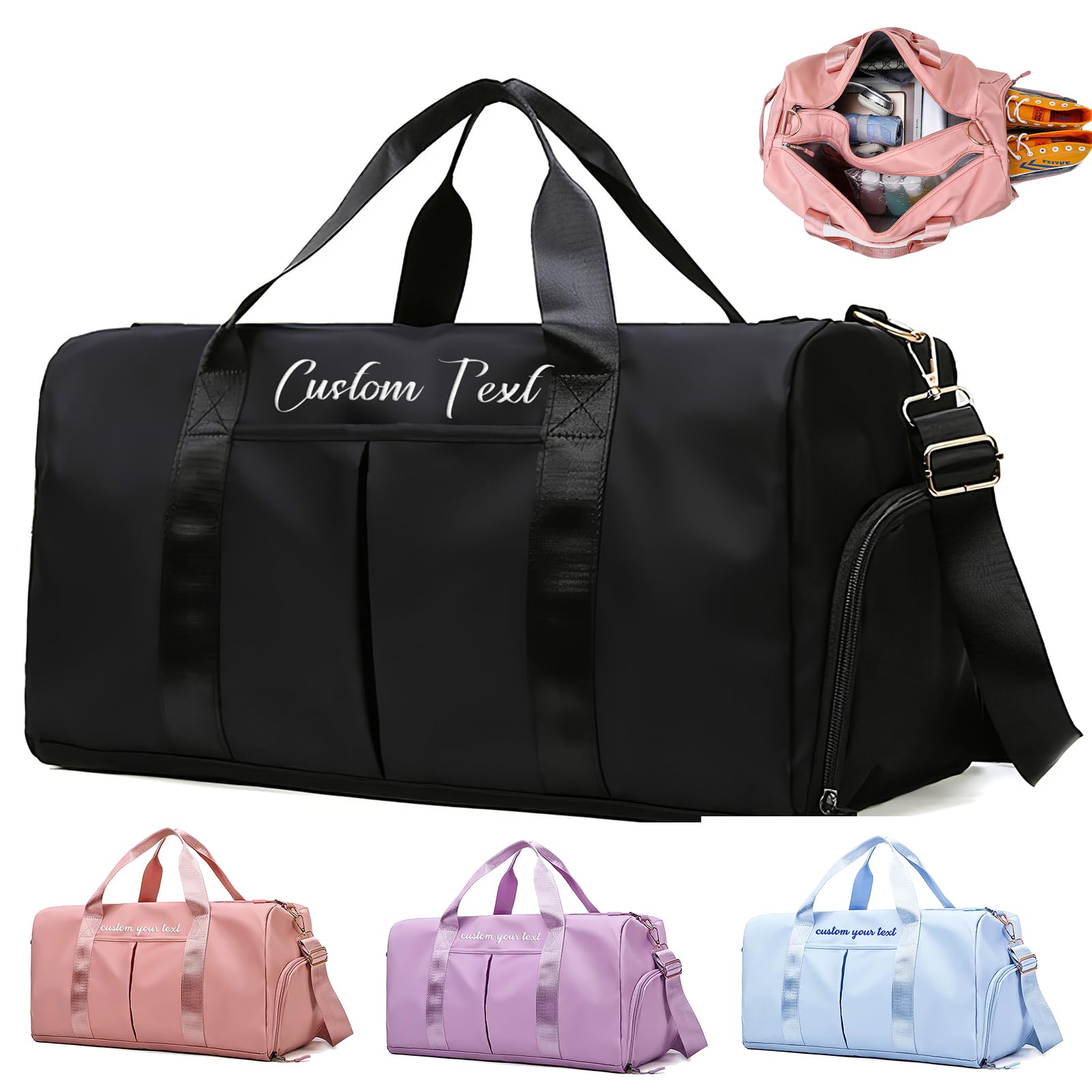 Personalised Sports Duffels Bag with Embroidered Text Custom Travel Gym Bag with Wat Dry Pockets for Men Women Black