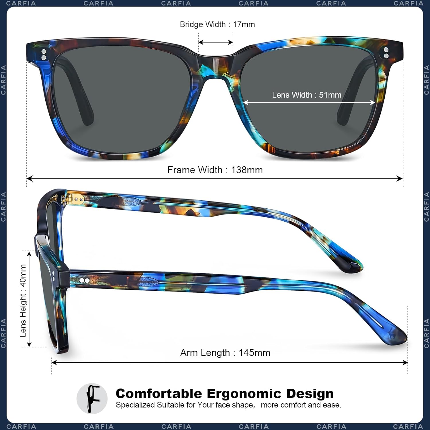 CARFIA Polarized Sunglasses for Women: Acetate, Small/Medium Size, UV400 Anti Glare CA5354 - Image 5