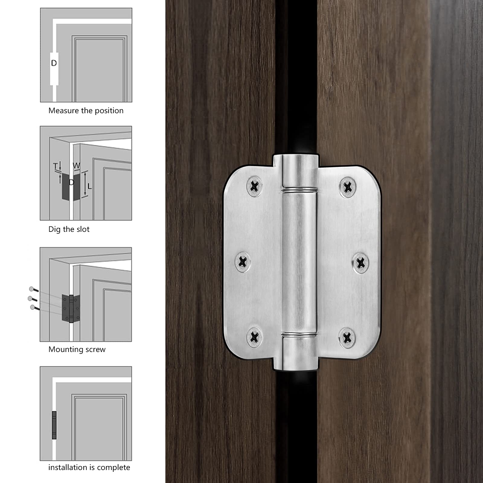 Hommyzone 3-1/2" Self-Closing Door Hinges, 3.5 Inch x 3.5 Inch Stainless Steel Adjustable Mortise Spring Door Hinge with 5/8" Radius Corner Silver-Pack of 3