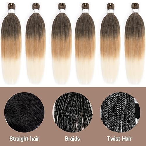 Miniatura 6 de Cabello trenzado preestirado, cabello trenzado degradado de 24 pulgadas, 6 paquetes de ajuste de agua caliente, cabello sintético Yaki profesional