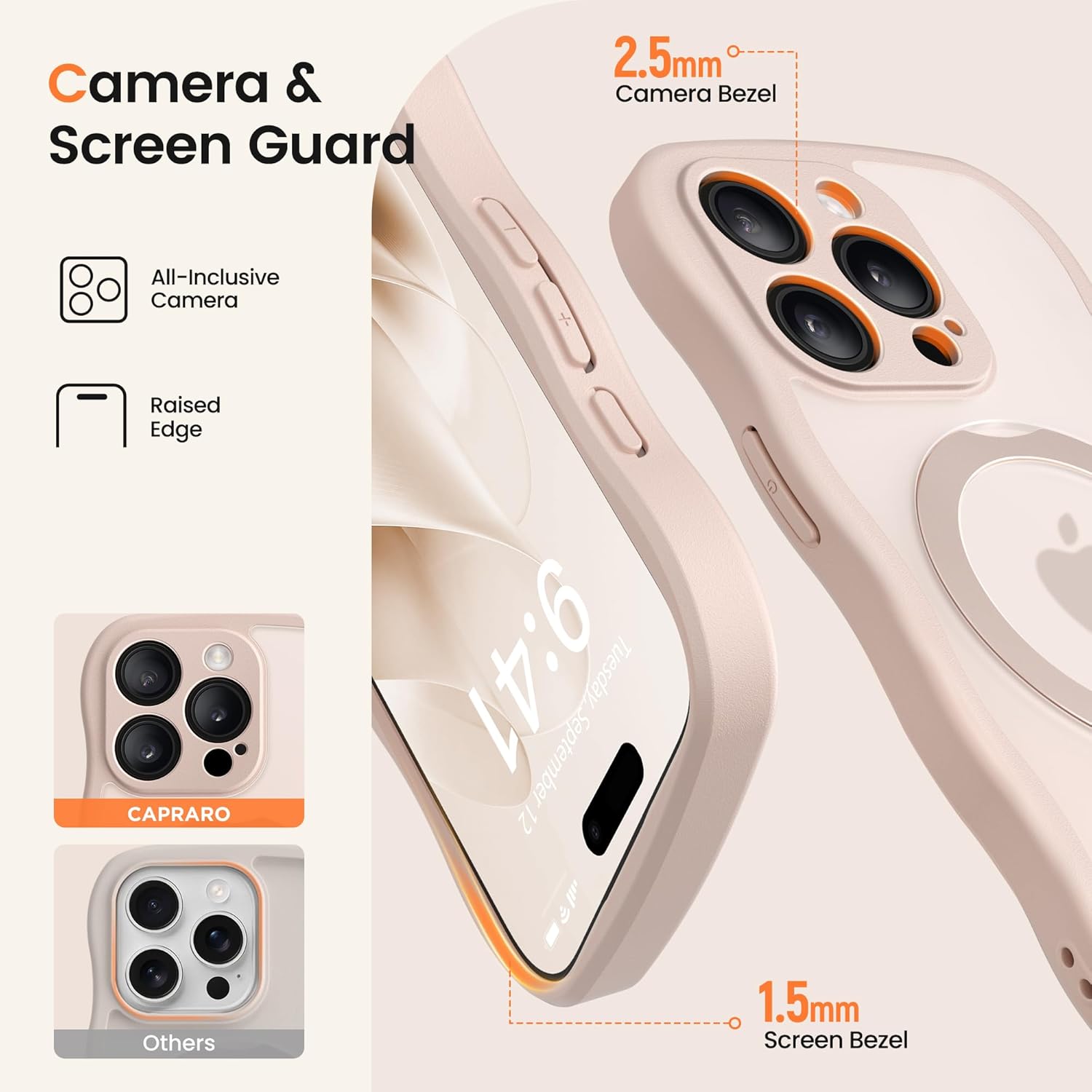 CAPRARO for iPhone 15 Pro Max Case with 360° Spin Magnetic Stand for Women, [Compatible with MagSafe] [Full Camera Protection] Cute Wave Translucent Matte Case for iPhone 15 Pro Max, Rose Gold - Image 7