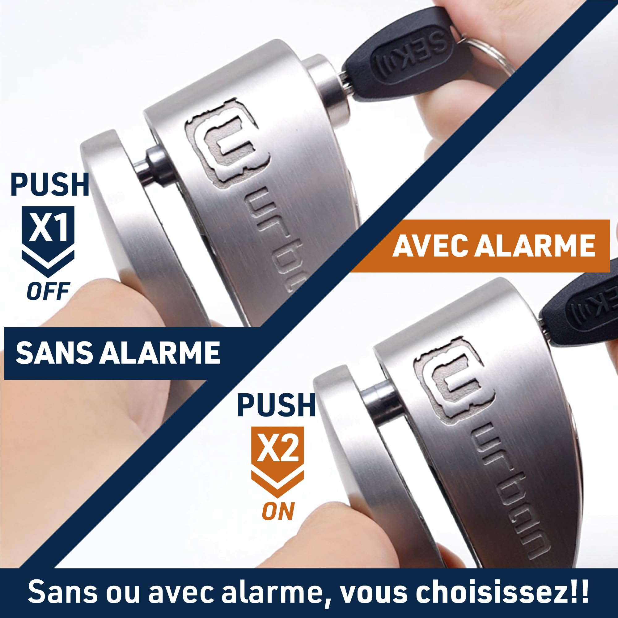 URBAN UR910S Antivol Moto Homologué SRA, Bloque Disque avec Alarme Hi-Tech | 120 dB, X2 ON | Pile CR2, Câble Rappel, Serrure Haute Sécurité, Bloc Double Verrouillage ø10mm, Acier Inoxydable