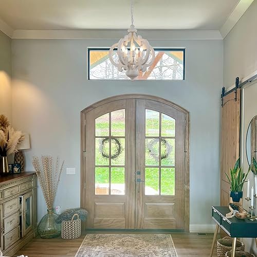 Miniatura 3 de Lámpara colgante de madera rústica, color blanco antiguo, 5 luces de 17 pulgadas, lámpara de campo francés, lámpara de cabaña, lámparas colgantes