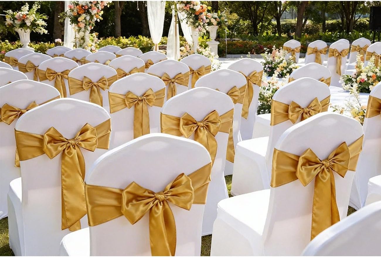 50 Pack Satin Gold Chair Sashes, Gold Chair Bows for Chairs for Wedding Party Decoration, Satin Chair Ribbons for Banquet Hotel Kitchen Decor