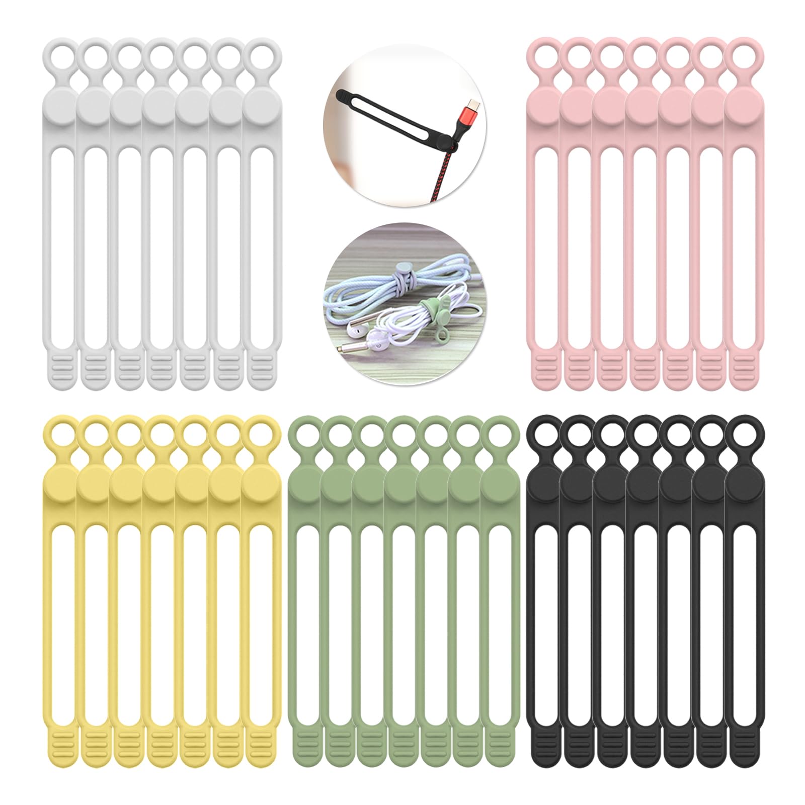 UMUST 35pcs Silicone Cable Ties,Reusable Cable Management Organizer, Wire Ties，Travel Cord Ties，Cord Organizer for Bundling Cable Cords in Home,Office,Kitchen,School(5 Colors)