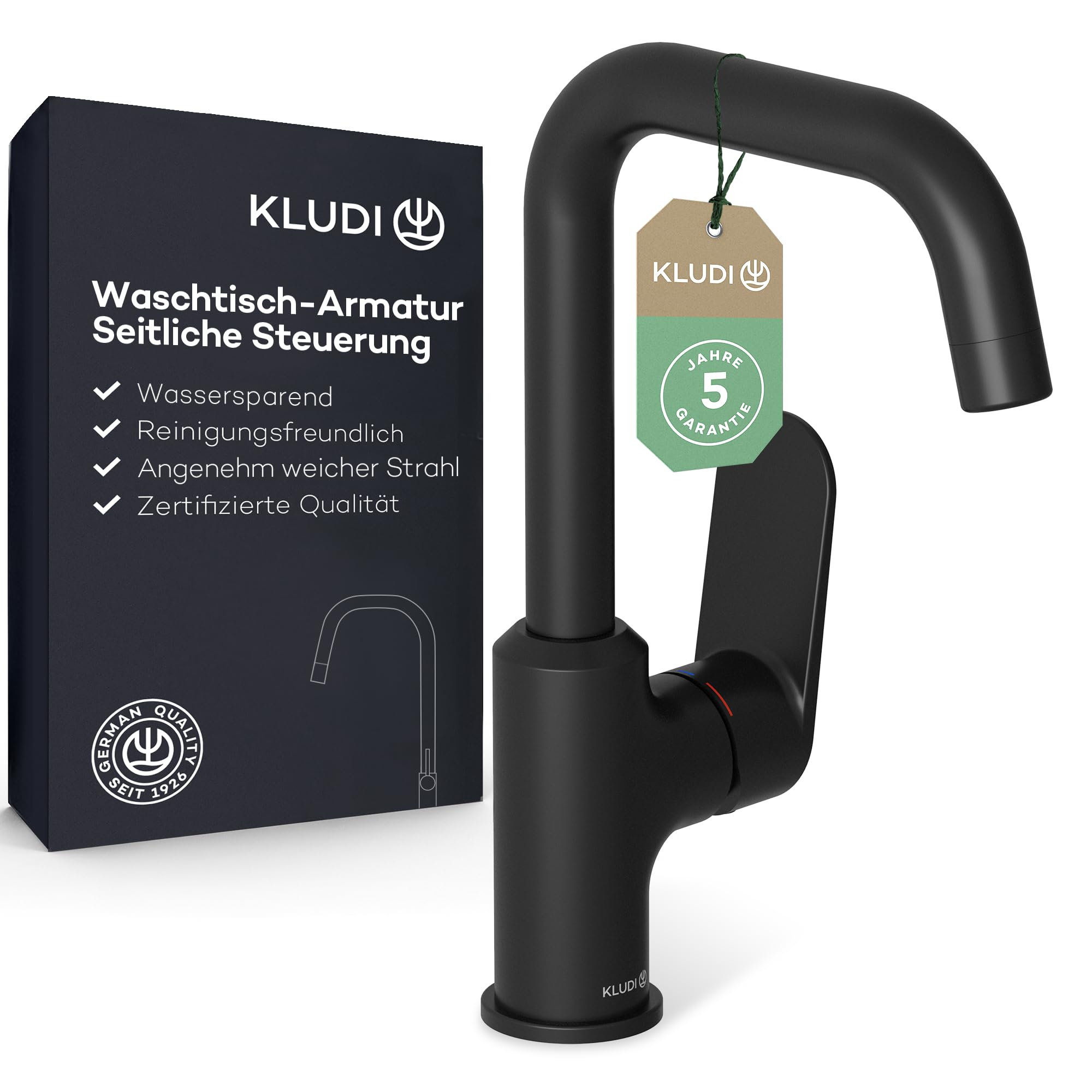 KLUDI - X1 grifo de lavabo, giratorio 360°, altura del caño 205 mm, grifo de ahorro de agua, color negro mate, tamaño L, cartucho de cerámica, grifo mezclador de lavabo, incluye mangueras de conexión