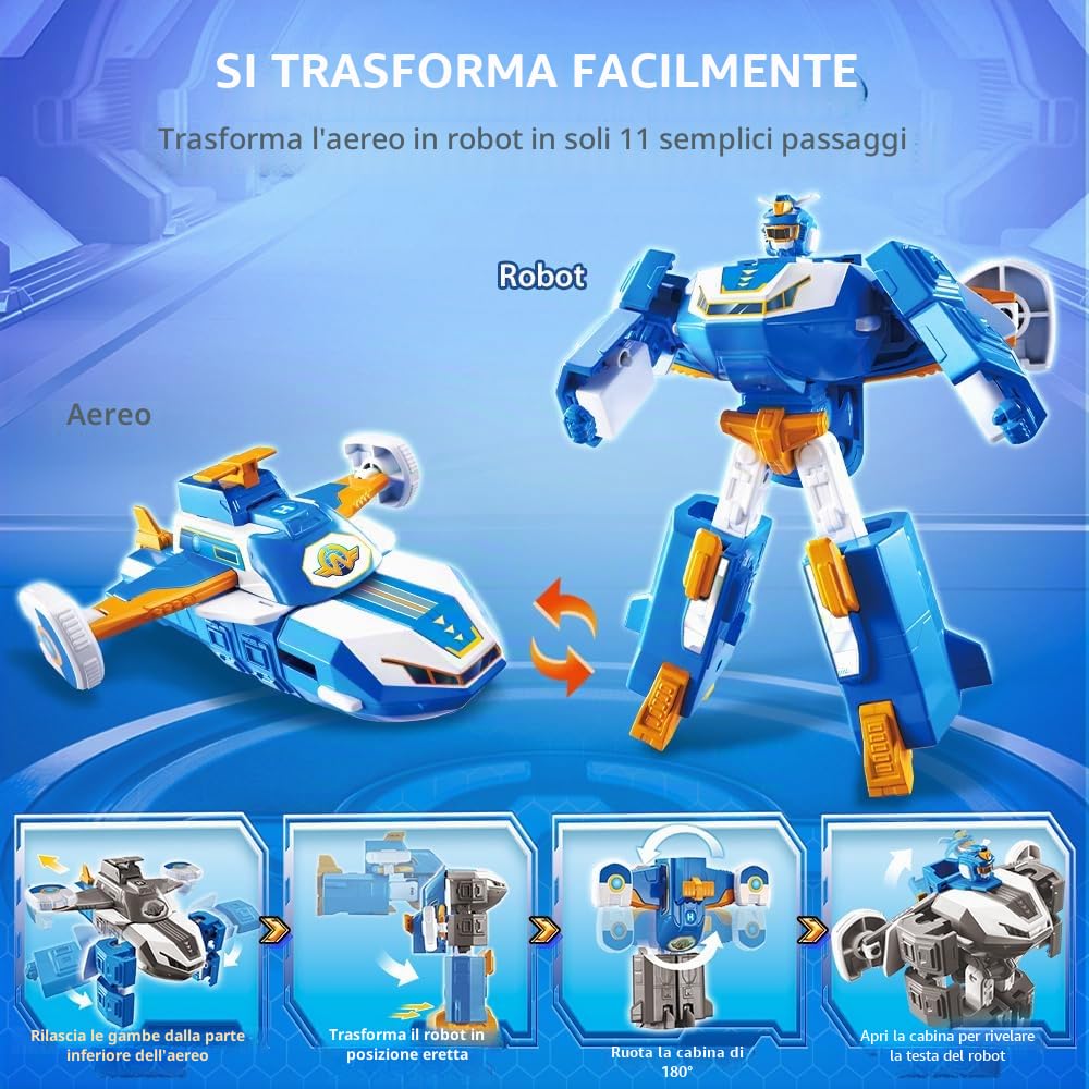 Super Wings 2-in-1 Mini World Aircraft Transforming Robot con effetti luminosi e sonori, giocattoli Transformable per bambini e bambine dai 3 anni in su