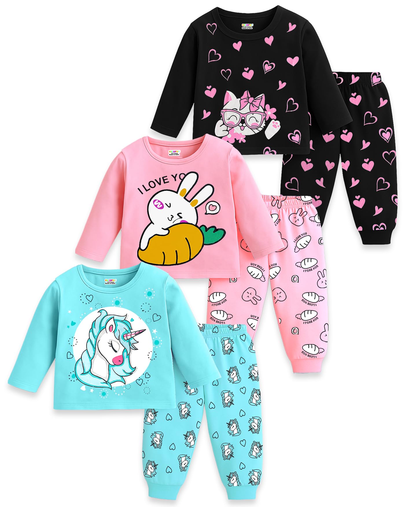 Girls Regular Fit Cotton T-Shirts and Pyjamas Clothing Set-Pack of 3-image-46