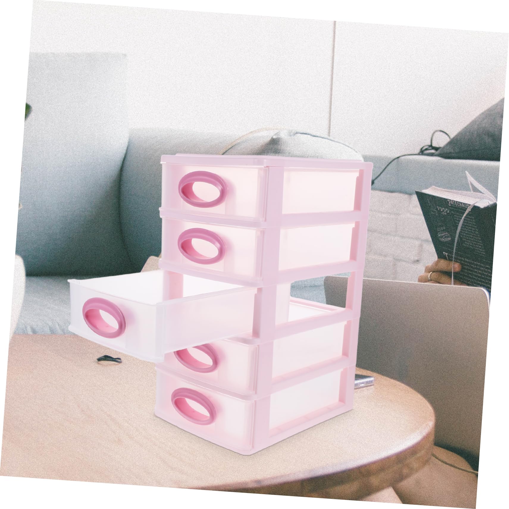 PLAFOPE Organizador de Escritorio en Pp 5 Cajones Diseño Simple Caja Almacenaje Maquillaje Rosa y Montaje Fácil para Maquillaje y Papelería para Oficina