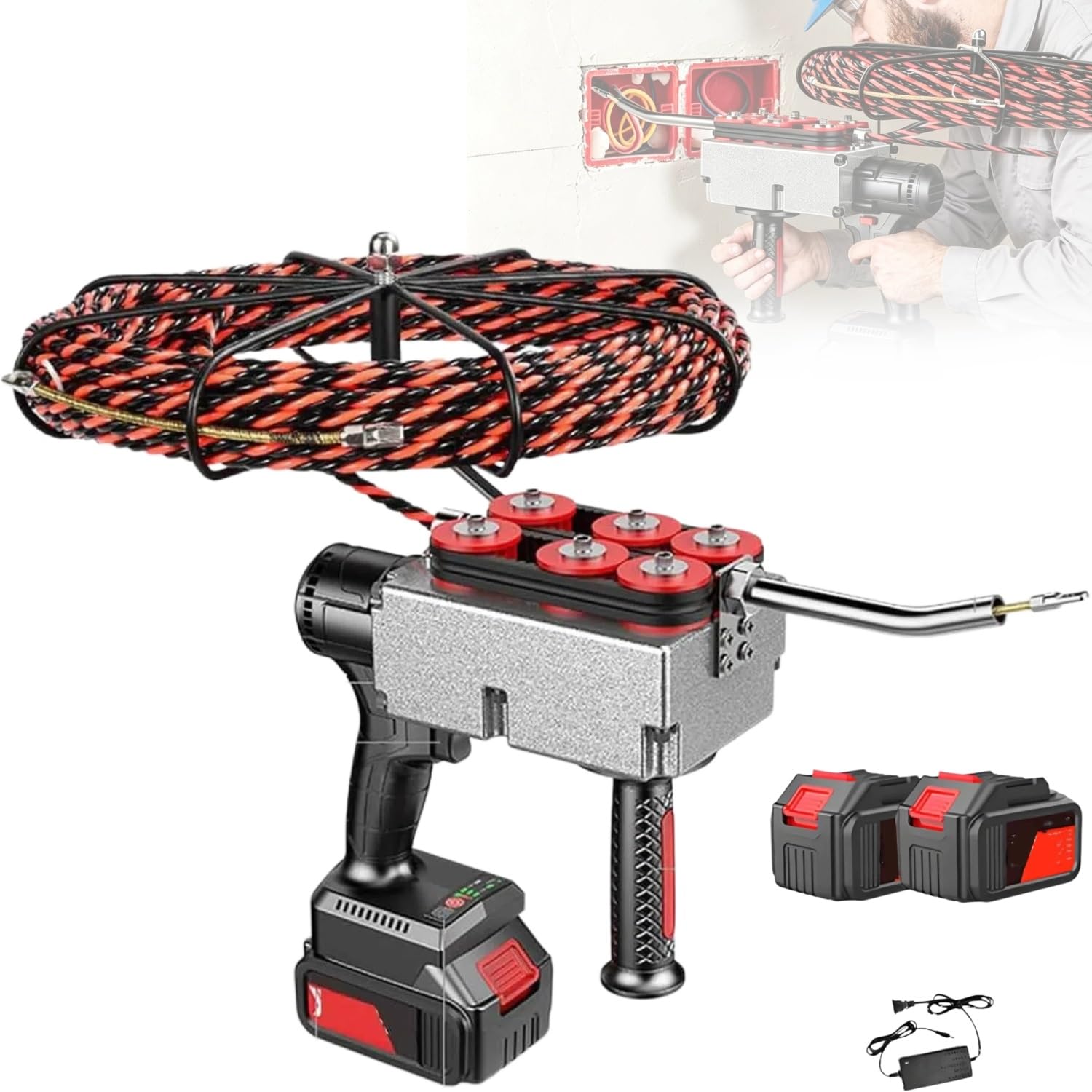 Outil de filetage de câble électrique 21V avec aiguille 15m et double batterie pour chantier