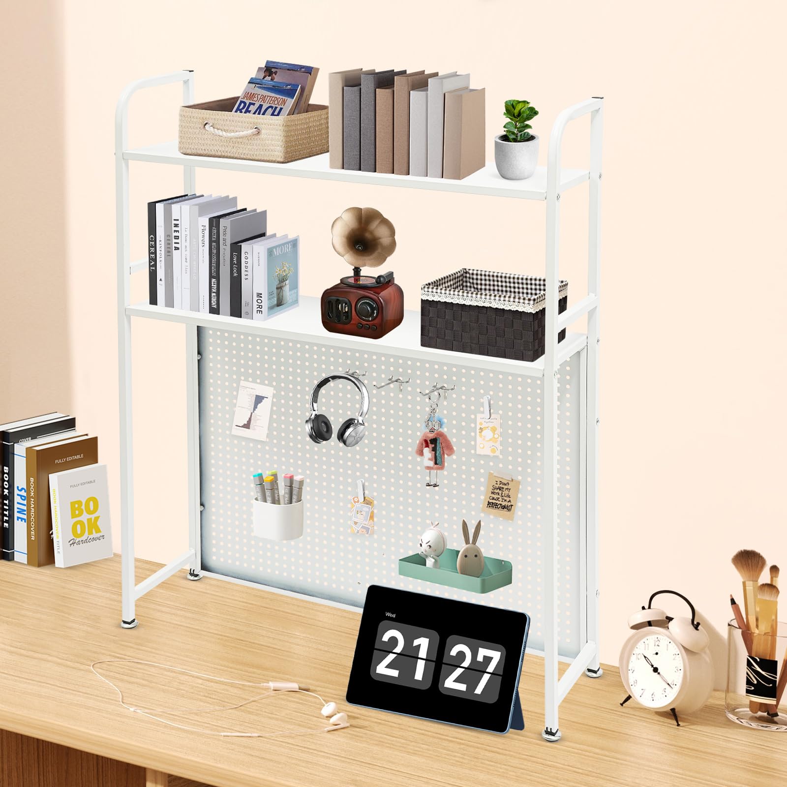 Organizer da scrivania in metallo, a 2 piani, multiuso, con fori e ganci, per riporre libri, materiale da ufficio, documenti, 75 x 20 x 98 cm