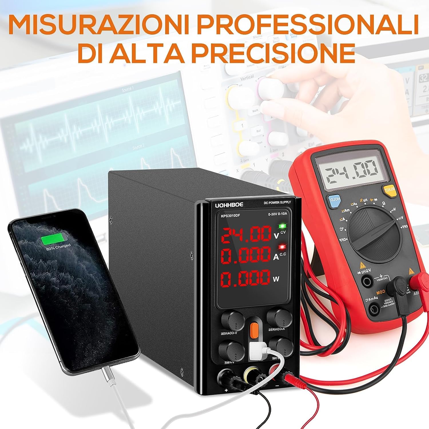 UOHHBOE Alimentatore da Labotorio Alimentatore Stabilizzato Banco 30V 10A Alimentatore DC Regolabile con 4 Cifre Display LED, Regolazioni Grossolane e Fini, Ricarica 5V/2A USB Linea di Prova