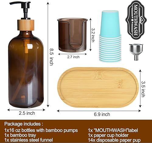Miniatura 6 de Dispensador de enjuague bucal ámbar para baño, botellas de enjuague bucal recargables de 16 onzas con bombabandeja de bambú y soporte para vasos de