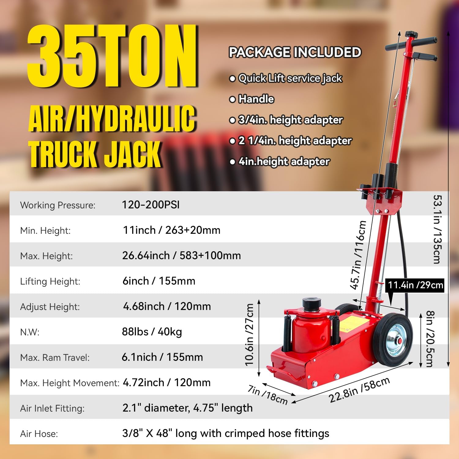 35 Ton Air Hydraulic Floor Jack Quick Lift Air-Operated Axle Bottle Jack Heavy Duty Steel Service Repair Lifting Tool for Garage Repair Shop