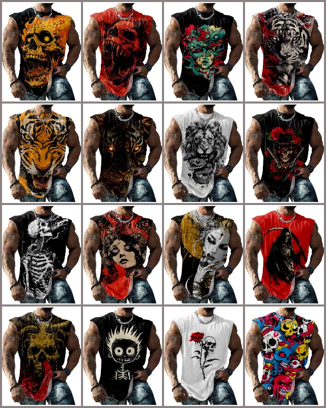 MARSVOVO Graphic Tees Men Street Skull 3D Print Sleeveless Crewneck Oversized Shirt Muscle Quick Dry Tank Tops4