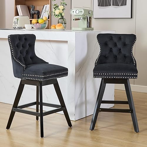 Miniatura 2 de Juego de 2 taburetes de bar giratorios modernos, taburetes de bar negros de 25.9 pulgadas con respaldo para isla de cocina, sillas de isla tapizadas