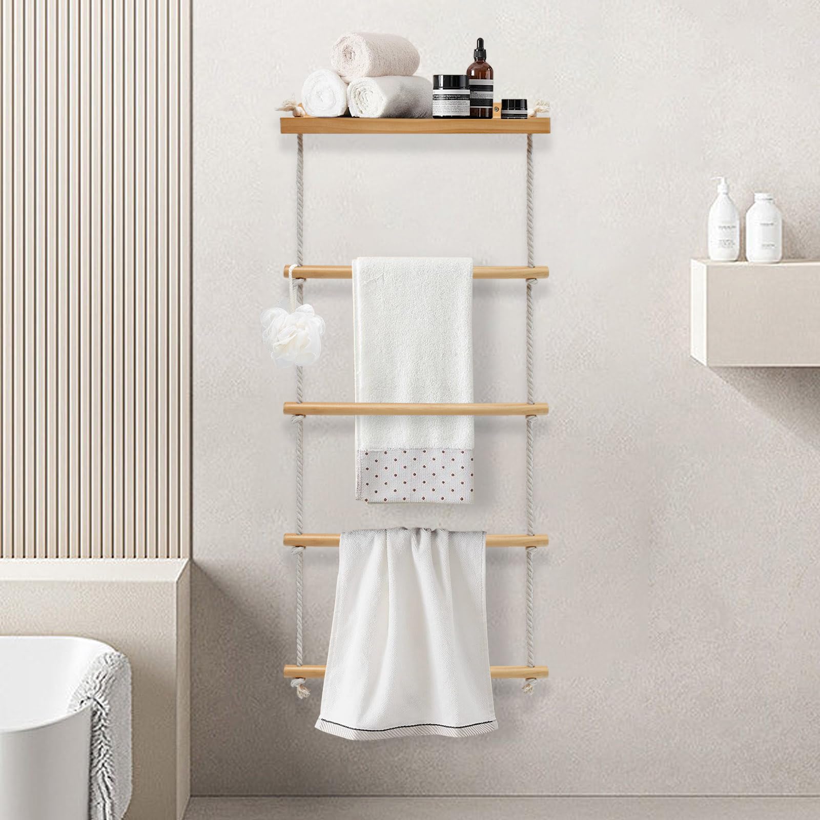 4 Ebenen Handtuchständer Handtuchleiter, 2-in-1 Handtuchhalter Holz mit Regal, Handtuchstange für Badezimmer Wohnzimmer Schlafzimmer (98 * 43 cm)