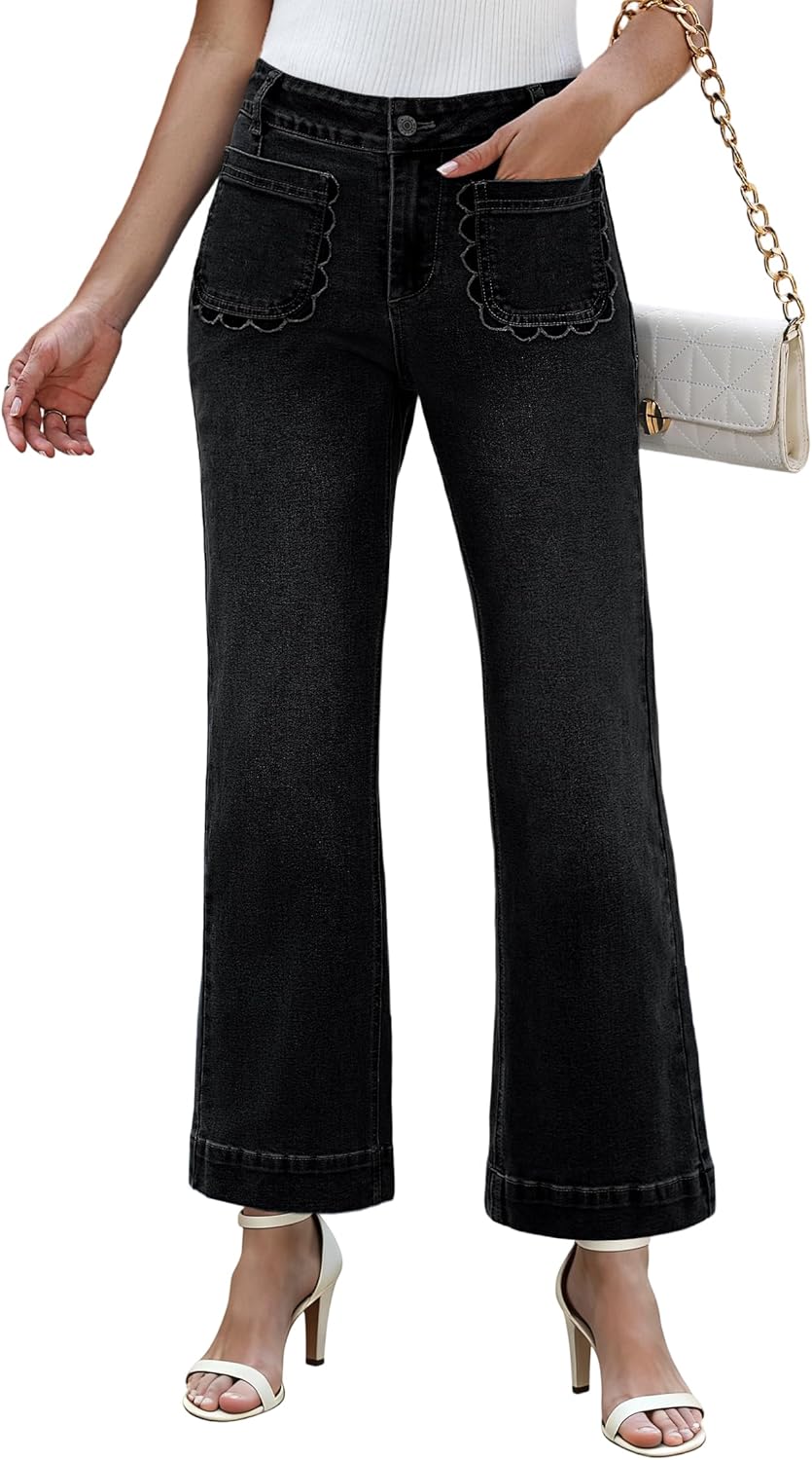 IWD Wide Leg Jeans for Women High Waisted Trendy Scallop Pocket Flare Jeans Stretchy Baggy Cropped Denim Pants