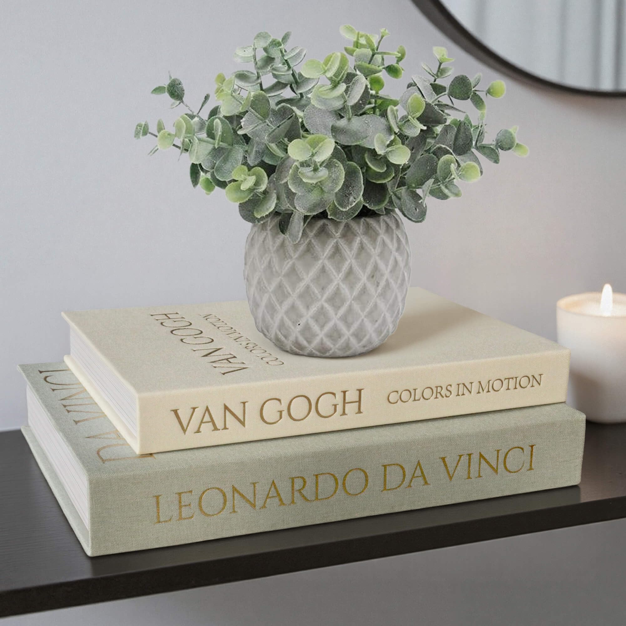 MAOBUYOU Decorative Storage Books Set of 2, Linen Cover, Gold Letters, White and Green