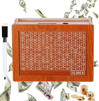Cash Vault Wooden Savings Box,10000 Savings Challenge Box, Cash Saver Money Box, Wooden Cash Savings Box with Money Target and Numbers, Piggy Bank for Adults Kids $5000