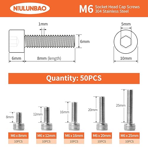 Miniatura 2 de NIULUNBAO Tornillos de cabeza hexagonal M6 x 0.315 in 0.472 in 0.630 in 0.787 in 0.984 in Tornillos de cabeza hexagonal 304 acero inoxidable máquina