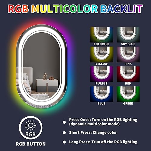 Miniatura 2 de Espejo de baño LED de 32 x 20 pulgadas con RGB, retroiluminado + luz delantera, espejo de tocador de baño para montaje en pared, inastillable,