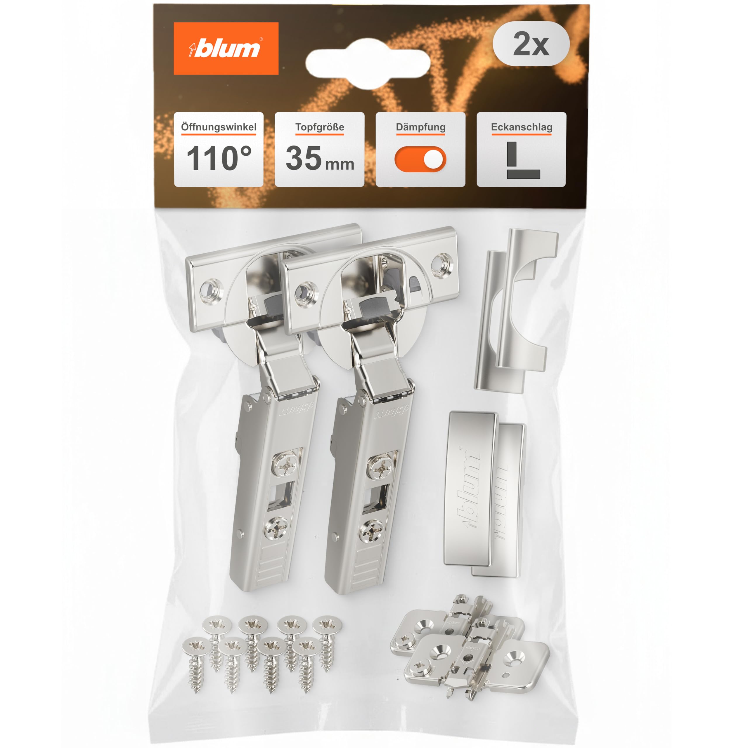 blum 2x zawias meblowy CLIP top BLUMOTION 110° I zawias puszkowy Soft-close 35 mm I prowadnik krzyżowy CLIP montowany oddzielnie, odstęp 0 mm | regulacja 3D frontu | Niklowany | nakładany