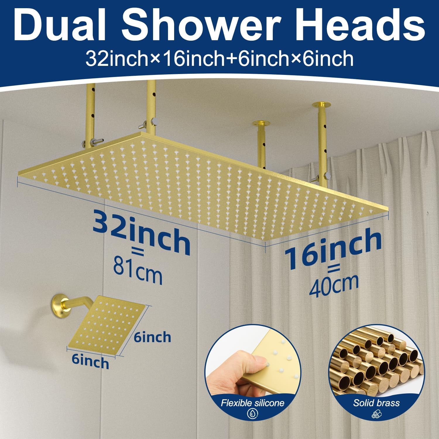 dual shower heads system 16"x32" ceiling mount rainfall and 6" wall mounted shower heads with 6 body jets thermostatic shower valve full body shower system can all run together brushed gold