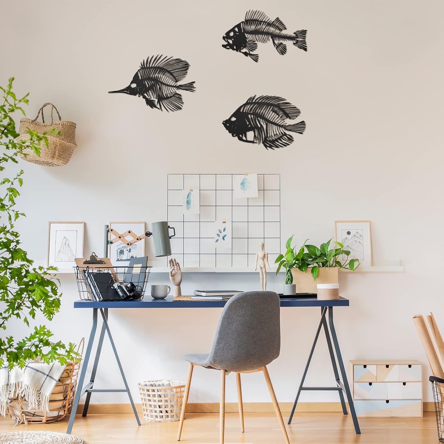 Zhengmy 3 Piece Metal Wall Art Fish Sculpture Hanging Metal Fish Bone Rustic Wall Decor Nautical Style Art Decor for Indoor Outdoor Office Home Bedroom Bathroom Living Room Window(Black)