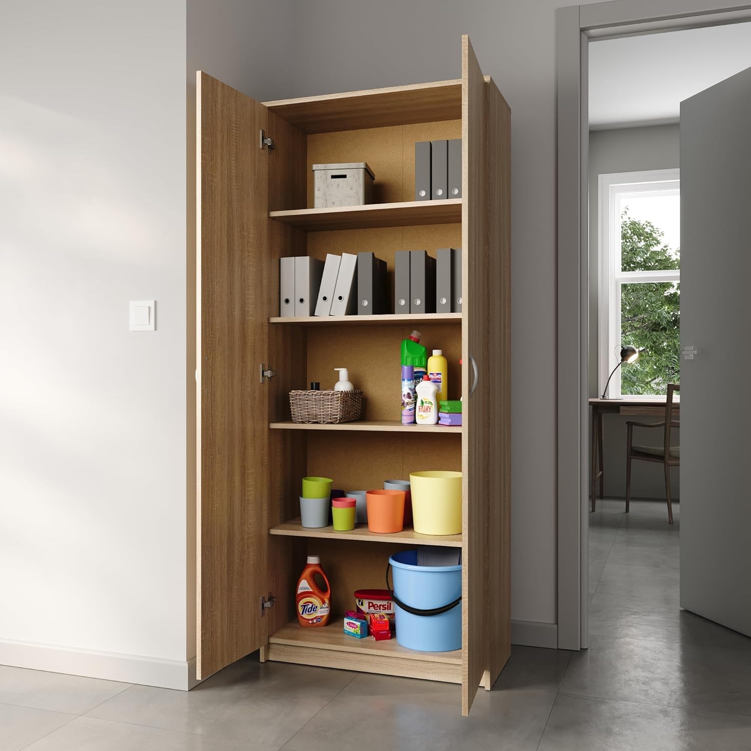 Home Collective Armoire Polyvalente avec 5 Compartiments et 2 Portes, 74x35x180 cm – Rangement Pratique pour Bureau, entrée, Cuisine ou buanderie – Stable, Facile d’Entretien | Sonoma