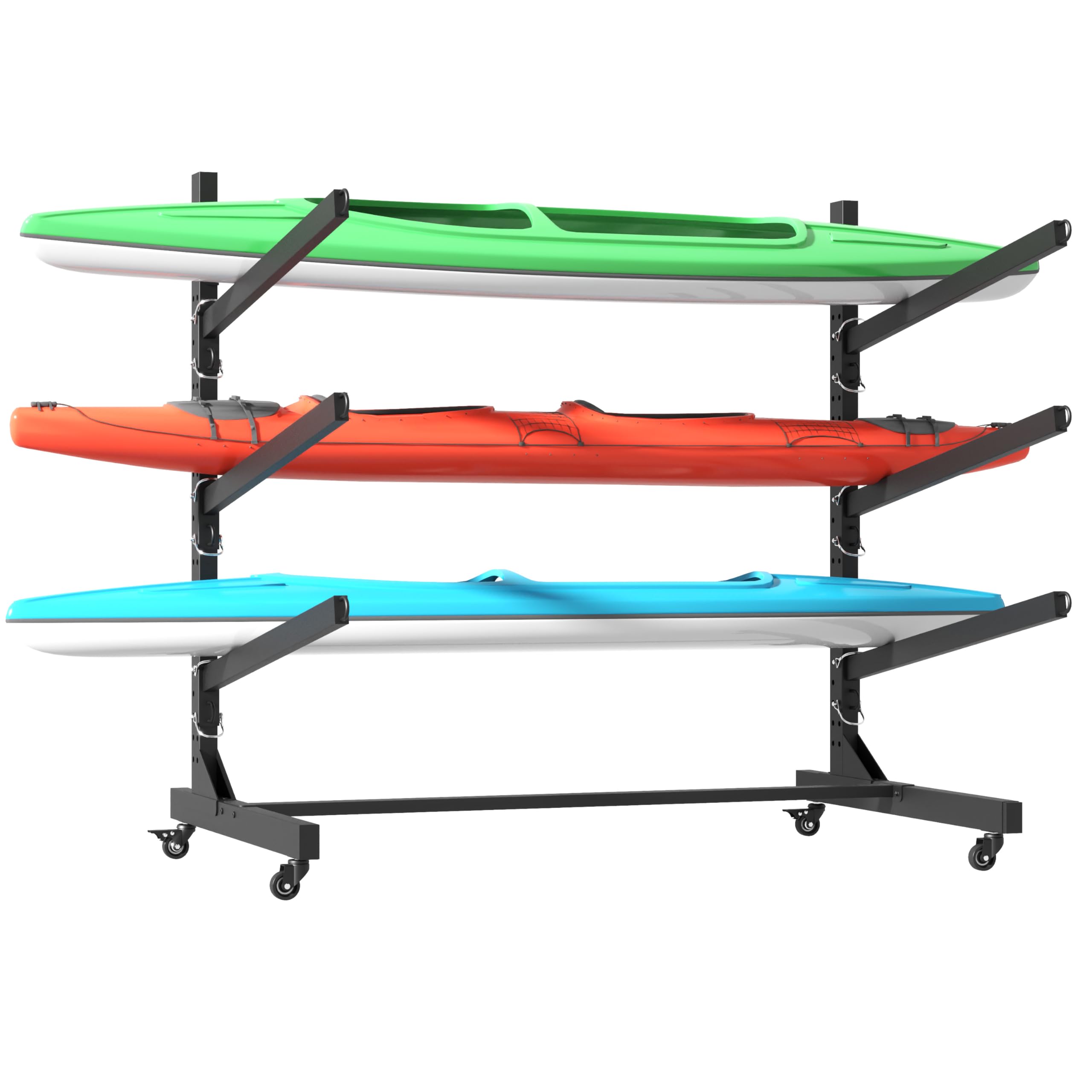 Freestanding Kayak Storage Rack, Heavy-Duty Adjustable Stand with Lockable Wheels for Kayak, Canoe, SUP & Surfboard (Hold 3 Kayaks)