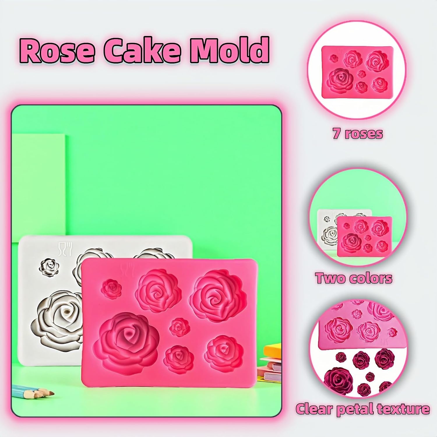 2-Pack 3D Rose Silicone Mold, 7-Cavity Food Grade Silicone Cake Decorating Mold for Chocolate, Candy, Fondant, Wedding Cupcake Toppers, DIY Baking Tools - Heat Resistant & Non-Stick (Pink/Gray)