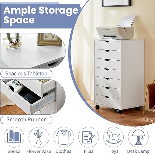 Miniatura 3 de NEWBULIG Organizador de almacenamiento de 7 cajones, soporte de impresora con ruedas, organizador de maquillaje de gabinete blanco para cajón