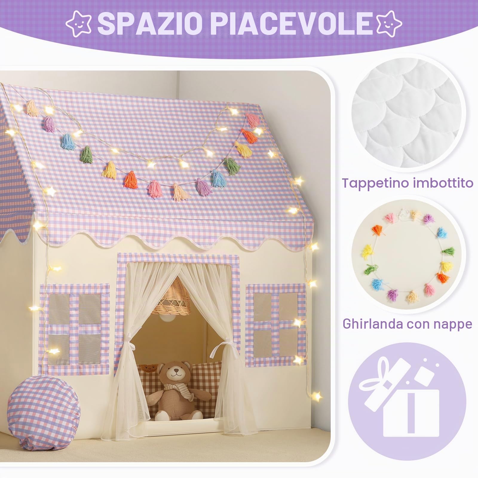 Wilwolfer Tenda da Gioco con Tappetino Morbido: Casa Giardino per Bambini - Tenda da Esterno e Interno - Casa con Ghirlande di Nappe per Piccoli - 67.5 D× 97 W × 107.5 H cm