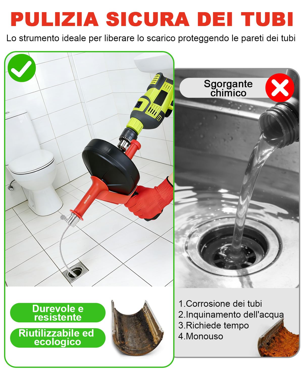 DEWINNER Sonda Sturatubi, serpente di scarico con adattatore per trapano, 10 m, flessibile, da usare manualmente o alimentato per cucina, bagno e doccia lavello con guanti