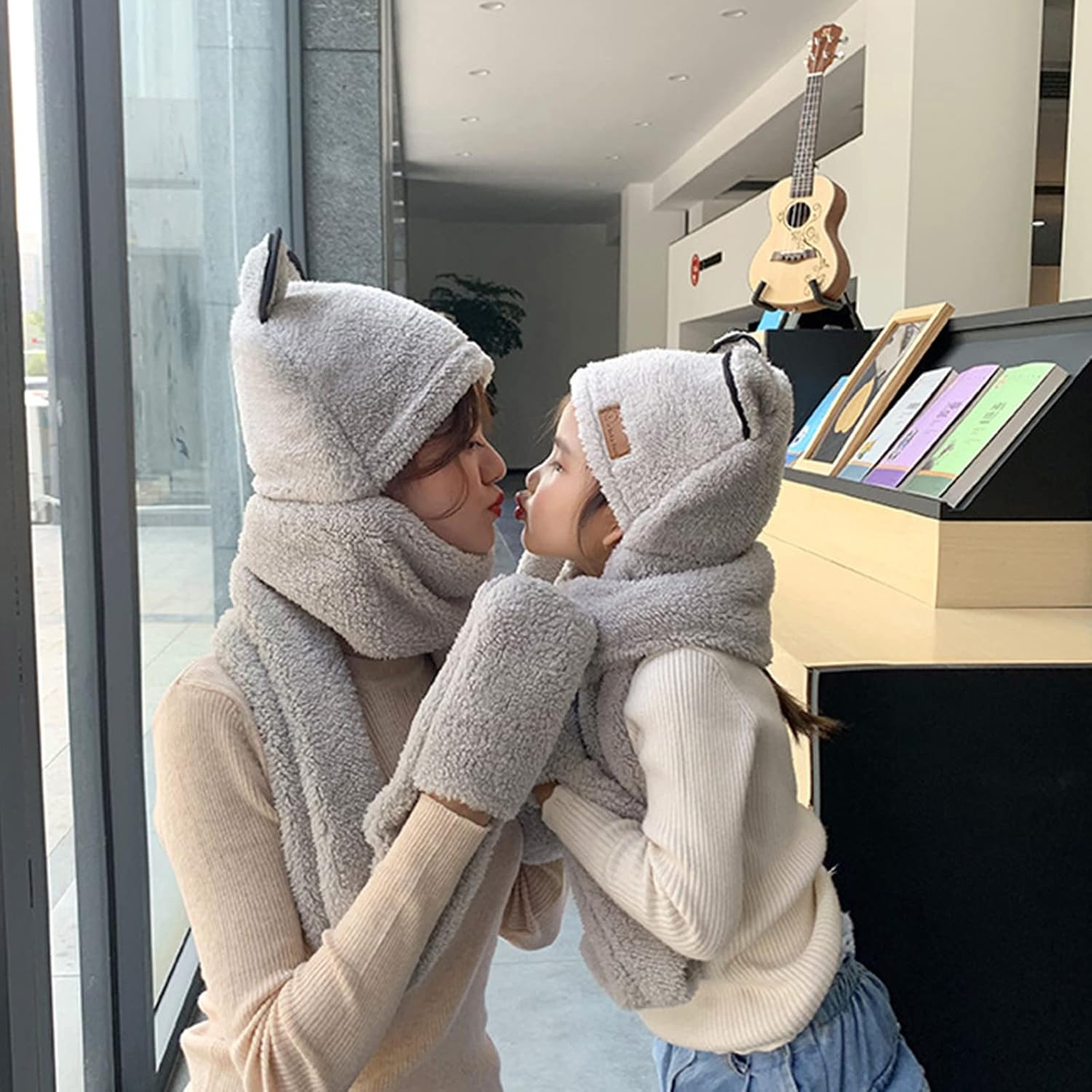 Scarf,2-10Y,10+Y Earflap Cap Parent-child Hat Warmer Plush Scarf With Pocket Bear Ear Winter Hat Scarf Gloves Set Scarf(Khaki,Medium)