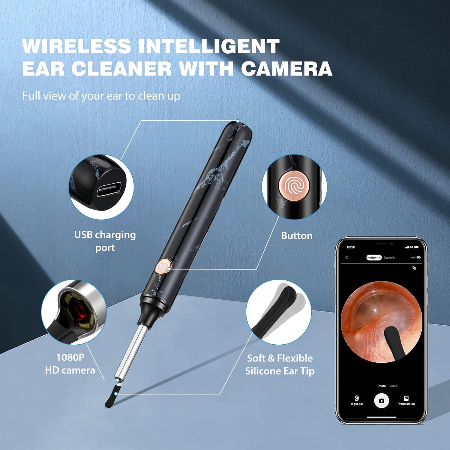 Electric Ear Wax Removal Tool Ear Cleaning Kit Safe and Effective Ear Irrigation Flushing System Reusable Ear Washer for Adults with Ear Cleaner Camera, Blue