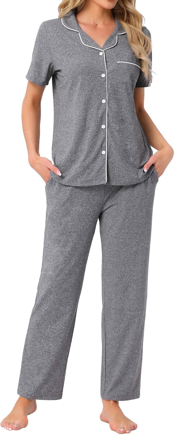 cheibear Womens Pajama Set Button Down Soft Short Sleeve Sleepwear Long Pants 2 Piece Lounge Set