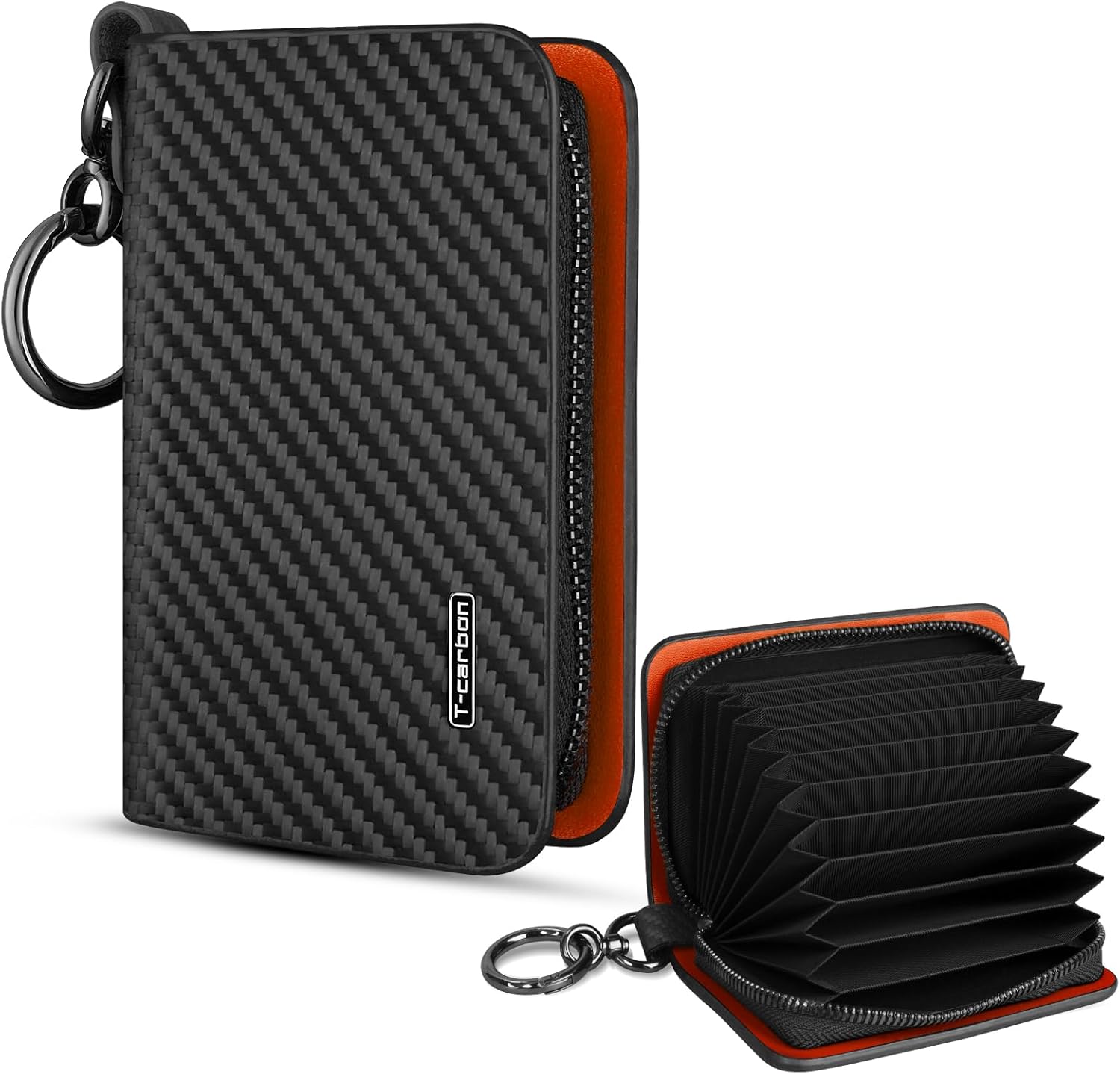 T-carbon Credit Card Holder,RFID Blocking ZIpper Credit Card Wallet for Men and Women,Carbon Fiber Card Holder Wallet,12 Card Slots，Black Orange