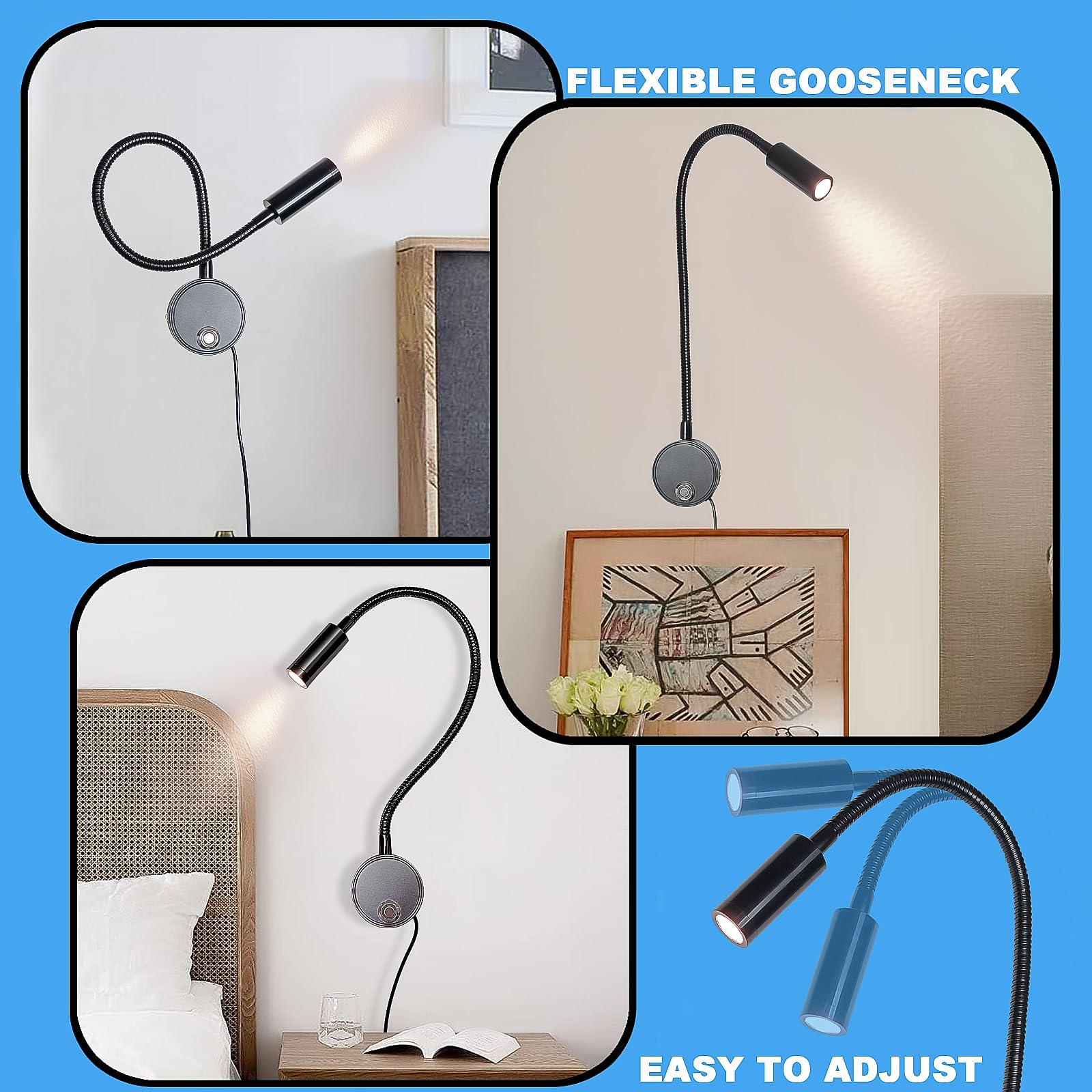 2 pezzi 3W Applique da Parete interno, Lampada da Lettura Muro Dimmerabile Touch con Porta di Ricarica USB, 3000K-6000K LED Luce da Letto Flessibile a Collo di Cigno Illuminazione Comodino, Nero