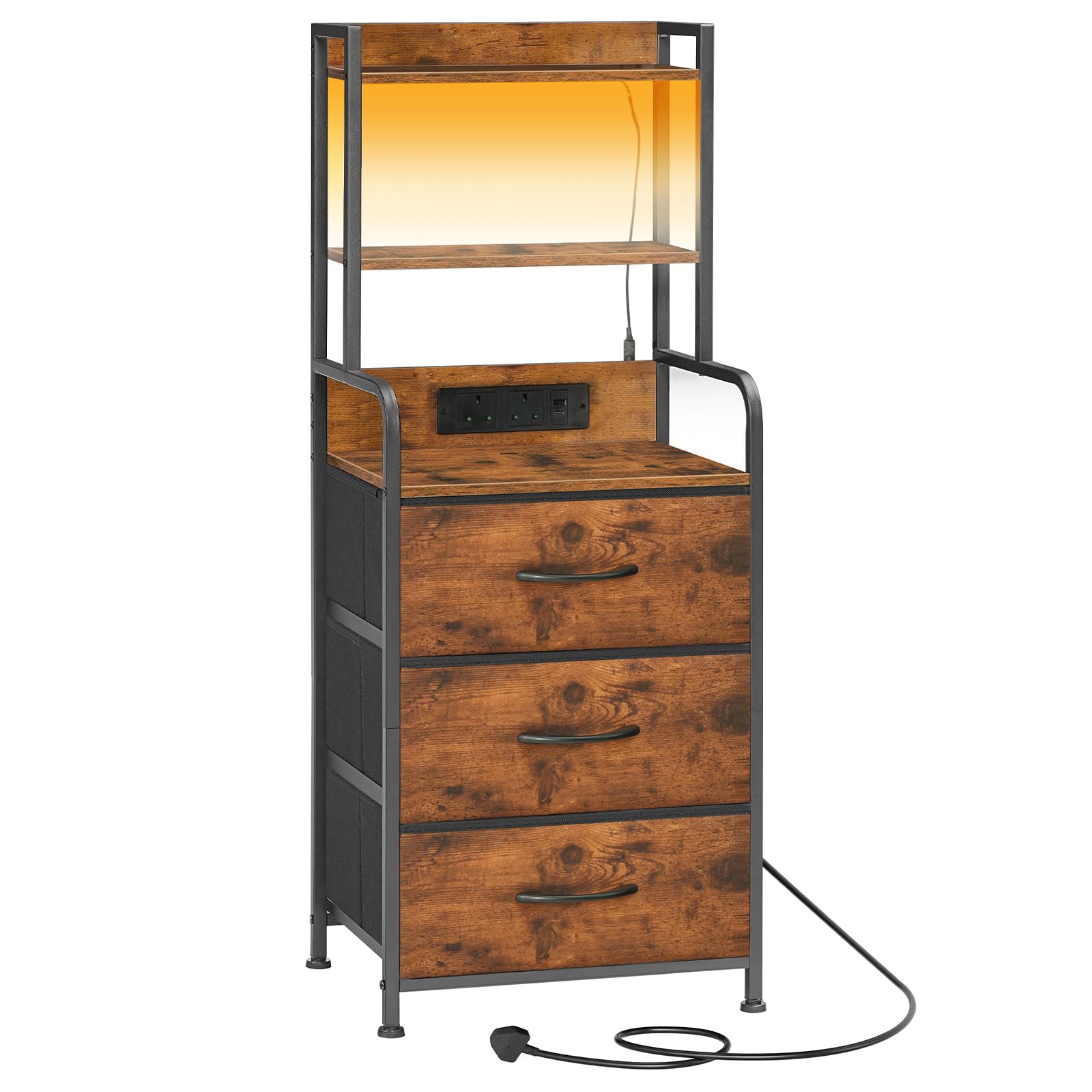 HOOBRO Tall Bedside Table with Charging Station and LED Lights, Multifunctional Nightstand with 3 Drawers and Open Shelves, End Table for Bedroom, Living Room, Rustic Brown and Black EBF206KDBZ01