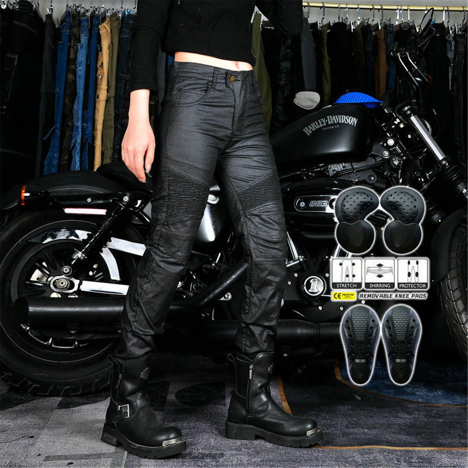Damen Motorradhose,Wasserdichte Beschichtete Motorcycle Jeans Biker Pants Motorrad Hose Motorradrüstung Schutzauskleidung Mit Abnehmbarer 4 Protektoren