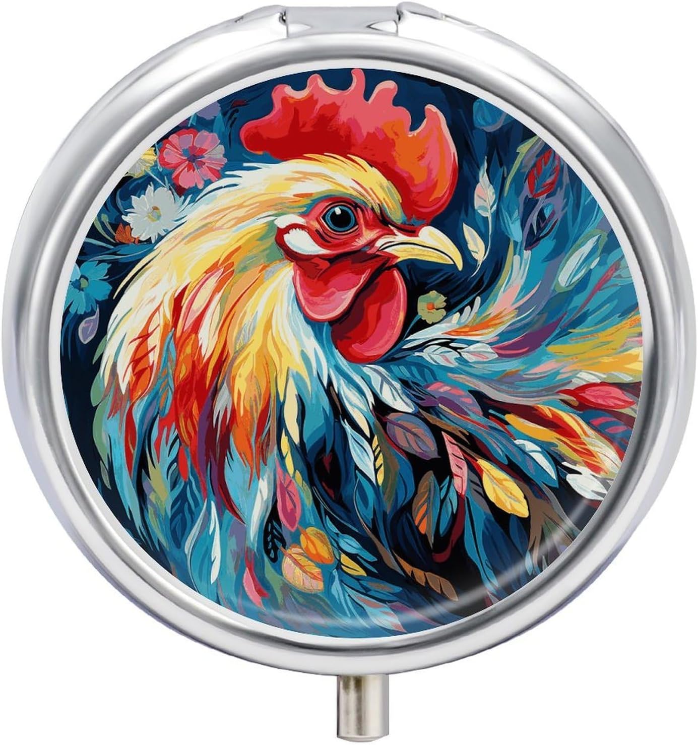Round Daily Colorful Chicken Art Pill Case with 3 Compartment & Mirror