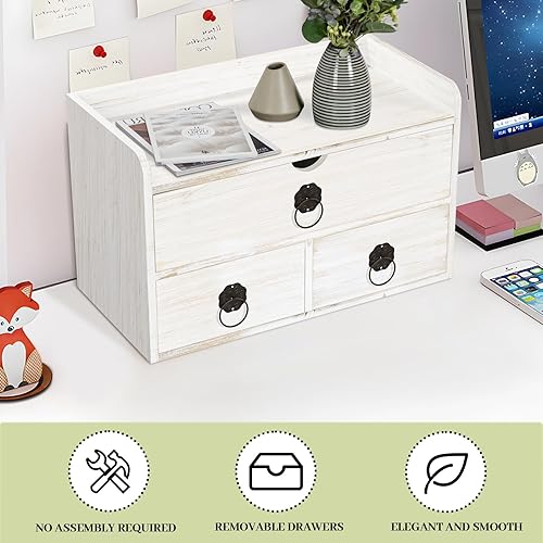 Miniatura 6 de Organizador de escritorio de madera con cajón, organizador de escritorio de madera blanca, caja de organización de almacenamiento de mesa