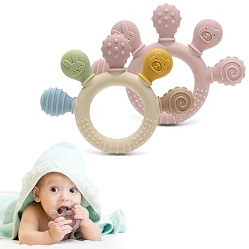HippoBaby Silicone Teether for Babies 2-Pack Soft & Easy Grip Teething Toys for Infants & Toddlers 100% Food Grade Silicone, CPC Certified, BPA-Free Gum Soothers Palm Teether/Colorful & Pink